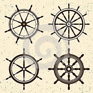 Collection of grunge vintage steering wheels. Ship, yacht retro wheel symbol. Nautical rudder icon. Marine design