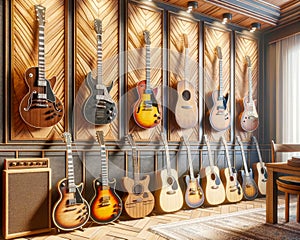 Collection Guitars Music Room Instruments AI Generated Electric Acoustic Playing Soundproof Display wall