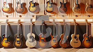 Collection Guitars Music Room Instruments AI Generated Electric Acoustic Playing Soundproof Display wall