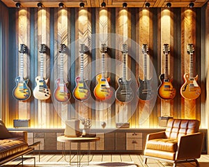 Collection Guitars Music Room Instruments AI Generated Electric Acoustic Playing Soundproof Display wall