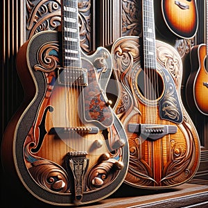 Collection Guitars Music Room Instruments AI Generated Electric Acoustic Playing Soundproof Display wall