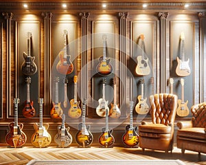 Collection Guitars Music Room Instruments AI Generated Electric Acoustic Playing Soundproof Display wall