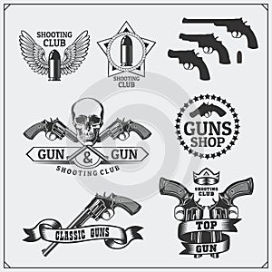 Collection of Gun club emblems, labels and design elements. Revolvers, bullets and target.