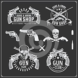 Collection of Guns. Revolvers, shotguns and rifles. Gun club labels and design elements.