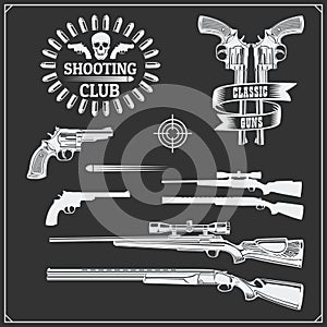 Collection of Guns. Revolvers, shotguns and rifles. Gun club labels and design elements.
