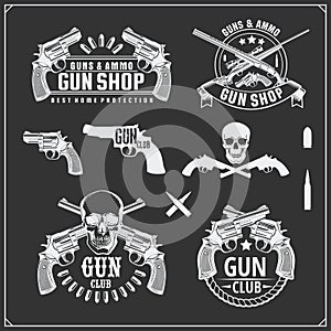 Collection of Guns. Revolvers, shotguns and rifles. Gun club labels and design elements. photo