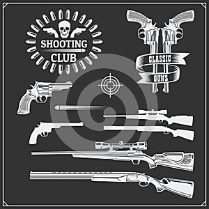 Collection of Guns. Revolvers, shotguns and rifles. Gun club labels and design elements. photo