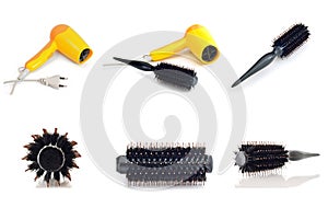 Collection hair dryer and comb brush isolate on white background