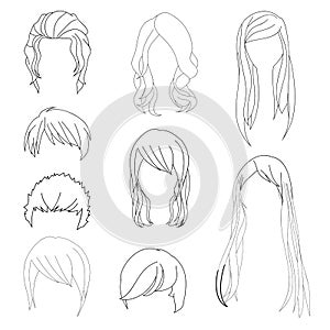 Collection Hairstyle for Man and Woman Hair Drawing Set 1. Vector illustration