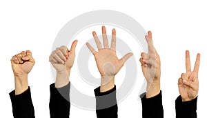 Collection hand of businessman showing various signs and symbols isolated on white, use clipping path