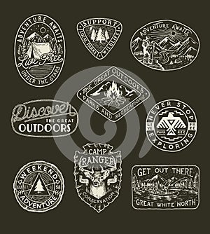 Collection of hand drawn adventure, camping, nature, travel emblems and patches