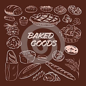 Collection of hand drawn baked goods outline bread, cookies, donuts, cupcakes, buns objects isolated on dark background.