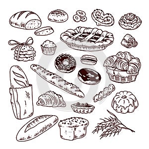 Collection of hand drawn baked goods outline bread, cookies, donuts, cupcakes, buns objects isolated on white background.