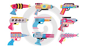 Collection of hand drawn blaster ray guns isolated on white background.