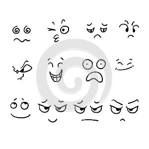 Collection of hand drawn Cartoon faces. Expressive eyes and mouth, smiling, crying and surprised character face expressions.