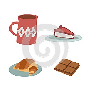Collection of Hand drawn coffee mug and sweets: chocolate, piece of cake and croissant. Cute vector tea cup and desserts set.