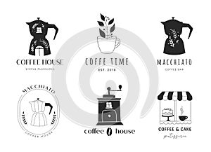 Collection of hand drawn coffee shop, cafes, coffee stores logos with macchinetta, beans grinder and cup