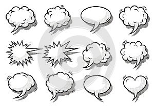 Collection of hand drawn comic book speech bubbles and thought clouds