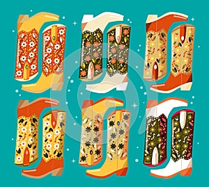 Collection of hand drawn cowboy boots decorated with flowers on mint background. Vibrant and colorful vector illustration