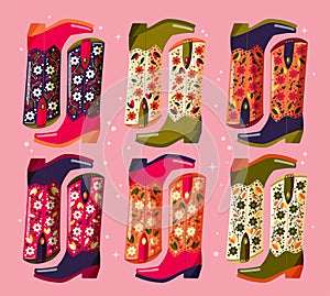 Collection of hand drawn cowboy boots decorated with flowers on pink background. Vibrant and colorful vector illustration