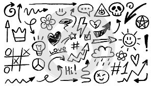 Collection of hand-drawn doodle elements and arrows. Abstract scribbles, squiggles and shapes drawn with pencil and