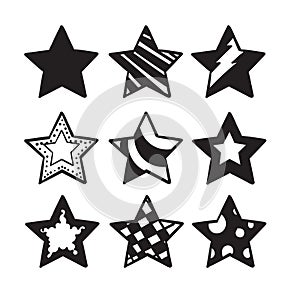 Collection of hand drawn doodle stars illustration with cartoon line art style isolated on white background