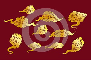 Collection hand drawn fantasy gold chinese clouds set on dark red background.