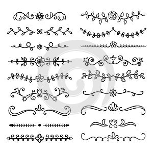 Collection of hand drawn flourish text dividers. Doodle botanical boders for typography design, invitations, greeting cards.
