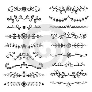 Collection of hand drawn flourish text dividers. Doodle botanical boders for typography design, invitations, greeting cards.