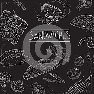 Collection of hand-drawn food on blackboard. Organic restaurant background template on chalkboard.