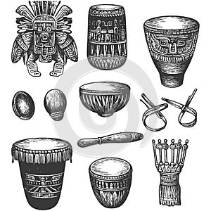 Collection of Ancient Ethnic Drums and Ritual Mask, Hand Drawn Vector Illustration