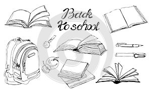 Collection of  hand drawn ink monochrome  sketch with books, school items and lettering isolated on white background