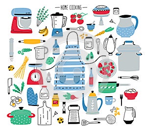 Collection of hand drawn kitchen utensils, manual and electric tools for home cooking, cookware, food ingredients