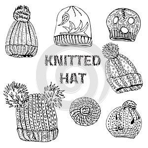 Collection with hand drawn knitted hats and berets. Monochrome  ink sketch objects  isolated on white background
