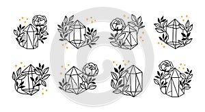 Collection of hand drawn magical elements with crystal, flower, stars & leaf branch