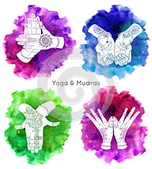 Collection with hand drawn mudras on watercolor backgrounds