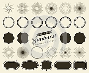 Collection of hand drawn retro sunburst, bursting rays design elements. Frames, badges