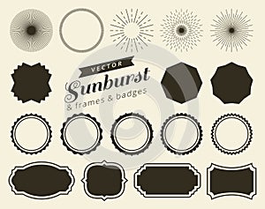 Collection of hand drawn retro sunburst, bursting rays design elements. Frames, badges