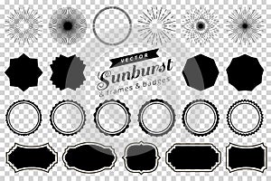 Collection of hand drawn retro sunburst, bursting rays design elements. Frames, badges