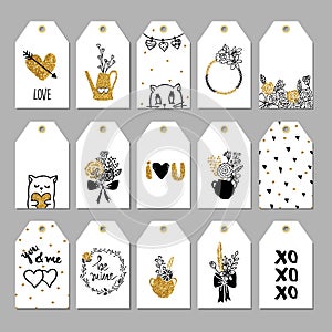 Collection of hand drawn romantic gift tags.