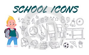 Collection of hand drawn school supply icons and schoolboy character with backpack isolated on white background.