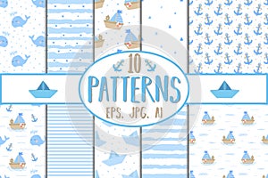 Collection of hand-drawn seamless patterns. Vector image on the marine theme for a boy. Illustration for holiday, baby shower, bir