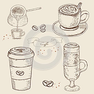 Collection of hand drawn Sketch pictures of coffee cups.