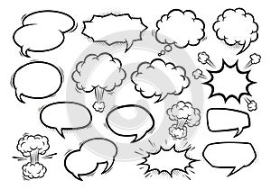Collection of hand-drawn speech bubbles and thought clouds for comic strips and creative projects