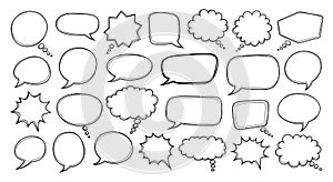 Collection of hand drawn speech bubbles and thought clouds for communication and comics white background