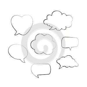 Collection of hand drawn think and speech bubbles message, greetings and sale ad. Doodle style black comic balloon, cloud, he