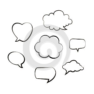 Collection of hand drawn think and talk speech bubbles message. Doodle style black comic balloon, cloud, heart design eleme