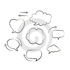 Collection of hand drawn think and talk speech bubbles message. Doodle style black comic balloon, cloud, heart shaped design eleme