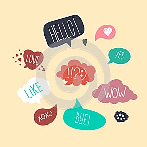 Collection of hand drawn think and talk speech bubbles message. Trendy comic balloon, cloud, heart shaped design elements. Isolate