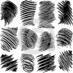 A collection of hand-drawn vector grunge textures. Square shapes filled with dense scribbles and hatching, adding dynamic texture